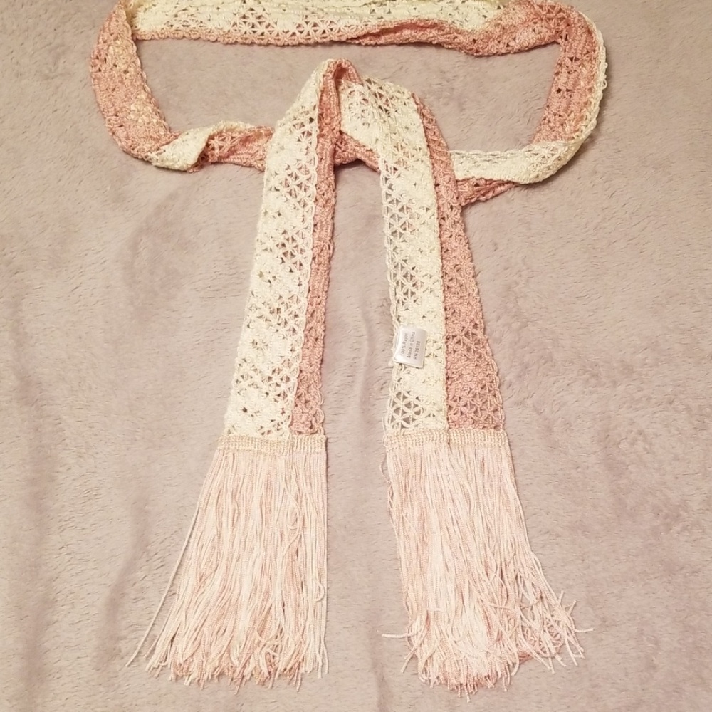 Cream and dusty rose fringed crocheted belt/scarf